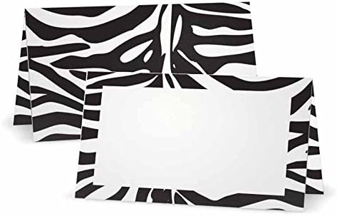 Kartice za mjesto za print za životinje u zebra - ravni ili šator - 10 ili 50 pakiranja - bijela prazna prednja strana s obrubom -