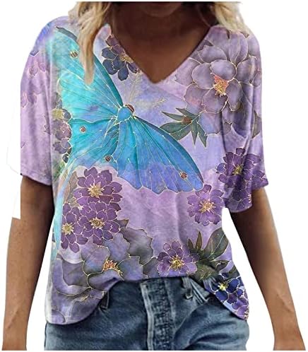 Ljetni vrhovi za žene vezanje majice cvjetne tiskane kratke rukave s V-izrezom casual labave majice