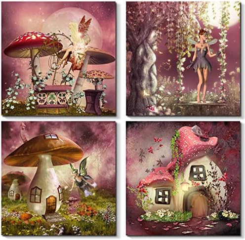 Qtespeii Fantasy Fairy Tale zidna umjetnost 4 komadi ružičasti cvjetovi i šarene slike leptira platneni otisci Moderni plakat za djevojčice
