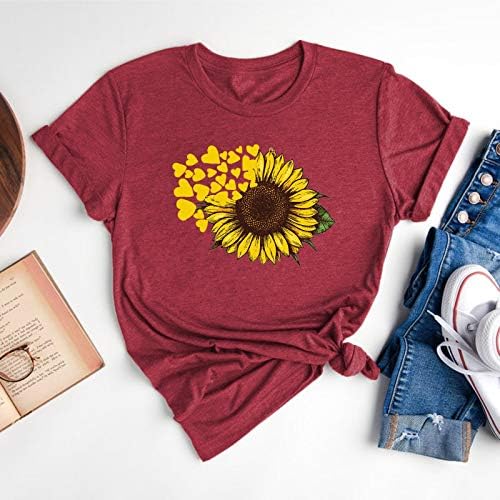 + ženski osnovni vrhovi s printom sunčanog cvijeta tunike majice ljetna bluza kratkih rukava s okruglim vratom ležerna široka košulja