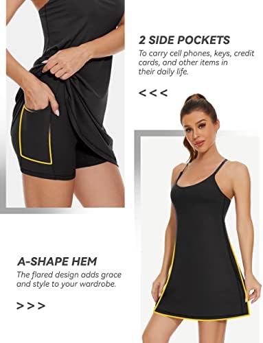 Ženska teniska haljina, haljina za vježbanje s 2 u 1 s ugrađenim džepovima grudnjaka i kratkih hlača, atletske haljine s podesivim