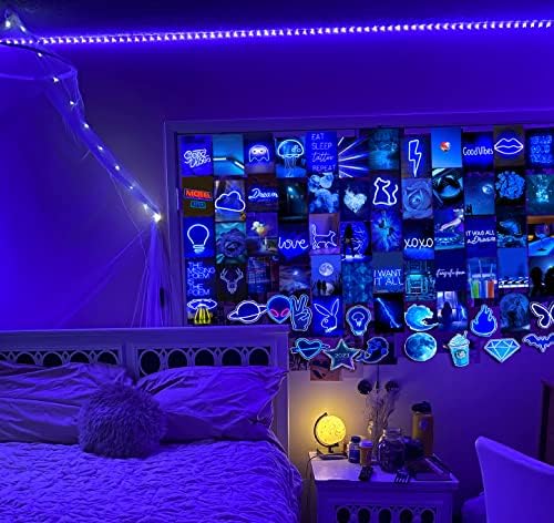 Tyzzhoa plava neonska LED svjetla zidni kolaž komplet estetske slike, 70 pcs indie dekor dekor estetika za tinejdžere dječake spavaće