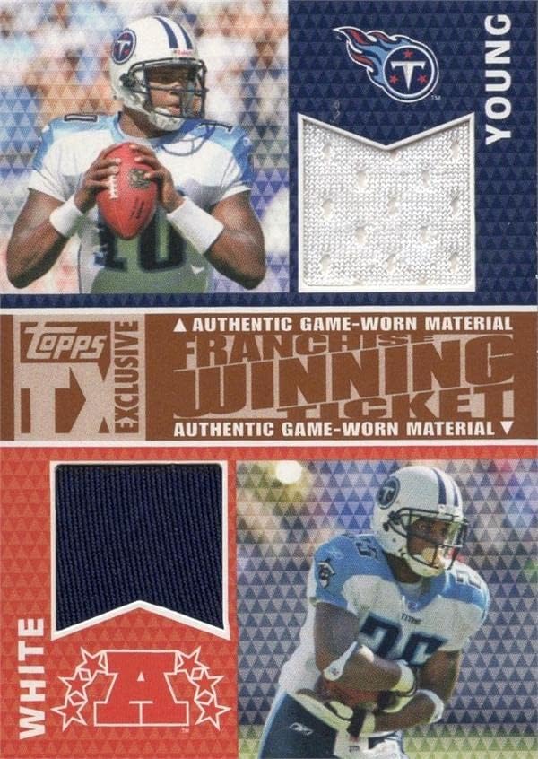 Skladište autografa 703606 Vince Young & LENDALE White Player istrošeni Jersey Patch Tennessee Titans 2007 Topps Exclusive br. FWDJYW