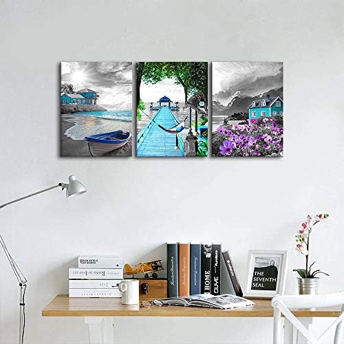 3 komada platno zidna umjetnost za dnevnu sobu - crno -bijeli pejzažni ocean plaža slika ljubičasta cvjetna teal plava jedrilica priroda