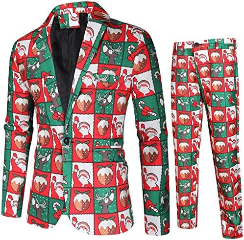 Akimpe muškarci 2 komada božićno tiskano odijelo, 1pc vrhovi jakne šala + 1pc dugih hlača moda casual vitki setovi