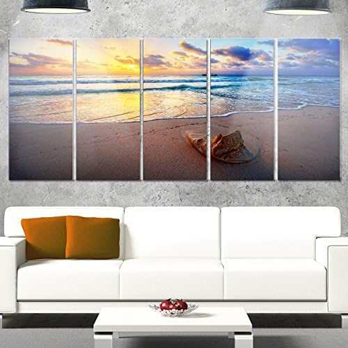 Dizajn art Tihi zalazak sunca-Morska obala na platnu, Metalna zidno slikarstvo, 32 H x 60 W x 1 D 5PD, plava