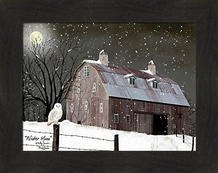 Zimski mjesec Billy Jacobs i Sarah Jacobs 16x20 puni mjesec snježna sova noćna staja ograda uokvirena zidna umjetnost