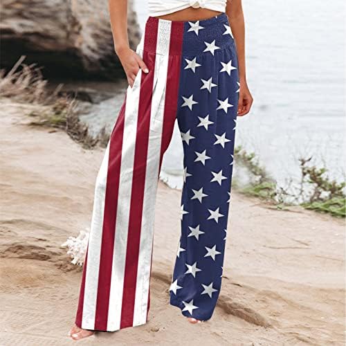 4. srpnja hlače od pamučne posteljine široke noge za žene američka zastava ruched elastične hlače s visokim strukom s džepnim palazzo