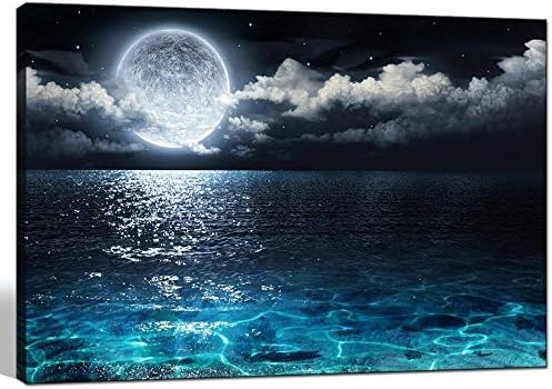 Sechars Modern Canvas zidna umjetnost Blue Clear Ocean Under Full Moon Slika Platna Otisci u oblaku krajolika umjetnička djela za kućnu