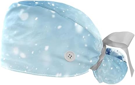 2 PCS Medicinske sestre kapice za žene dugu kosu, božićna snježna pahuljica Podesiva radna kapa s gumbom i trakom za znoj